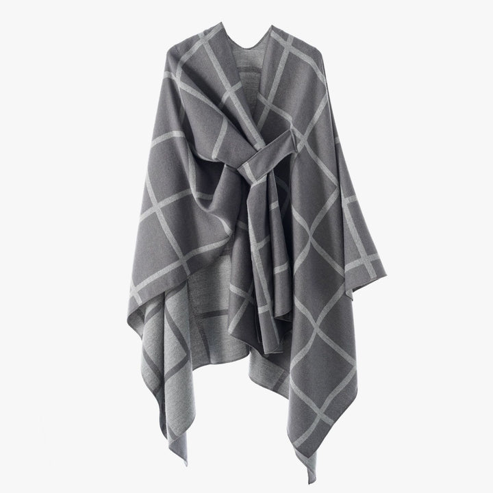 Women's Oversize Poncho made of fine knit with waistband and check pattern Mune Fashion