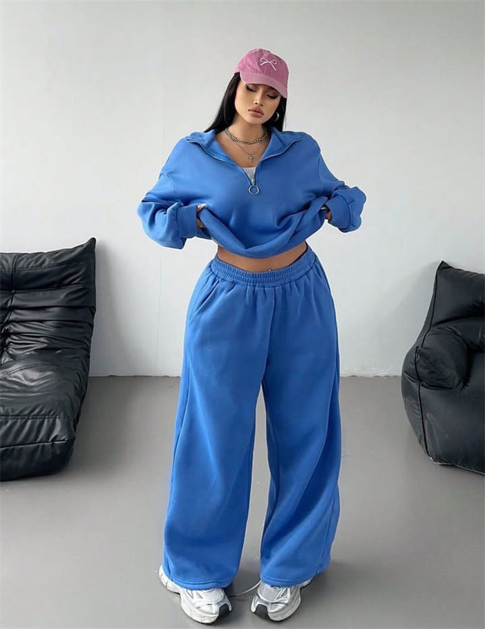 Women Velvet Cropped Zip Hoodie and Loose-Fitting High-Waist Palazzo Jogging Pants Mune Fashion