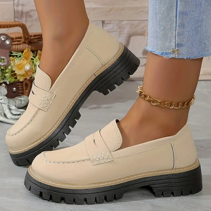 Women's Leather Look Penny Loafers with Distinctive Profile Platform Sole and Contrast Stitch Mune Fashion