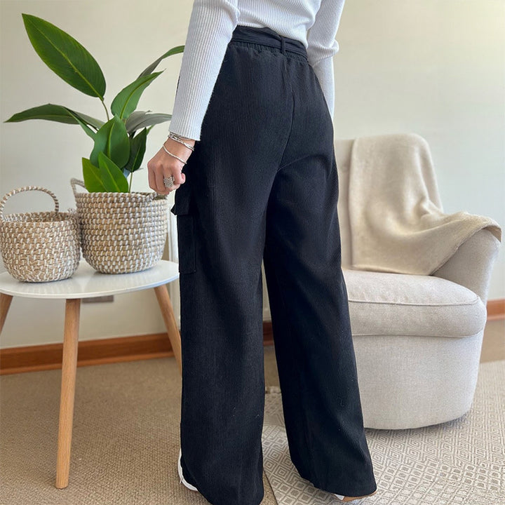 Women's Wide High-Waist Pants with Fabric Belt and Cargo Pockets Mune Fashion