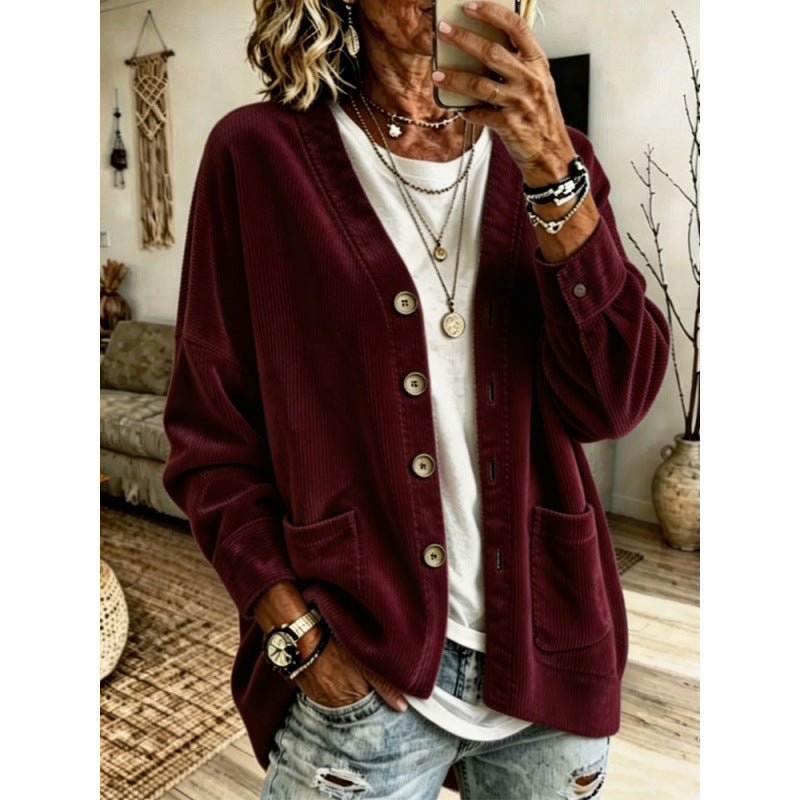Women's Oversized Cord Cardigan with Patch Pockets and Wooden Buttons Mune Fashion
