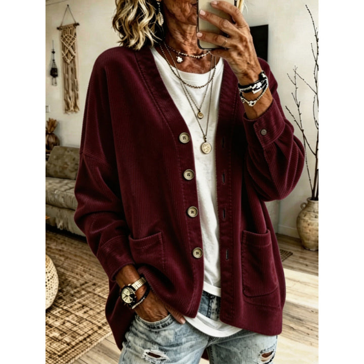 Women's Oversized Cord Cardigan with Patch Pockets and Wooden Buttons Mune Fashion