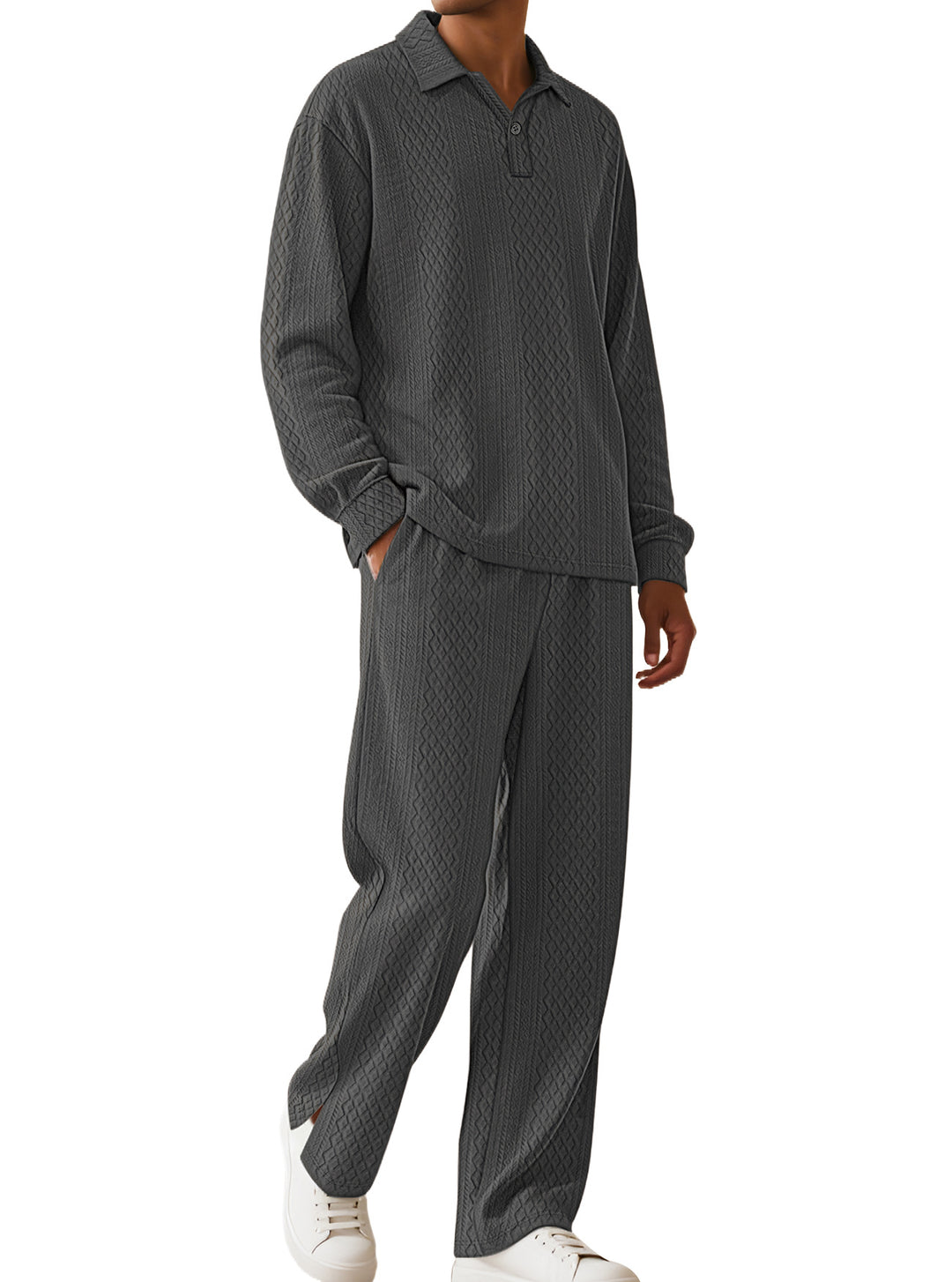 Men's jacquard knit set with polo collar, relaxed fit and straight pants Mune Fashion