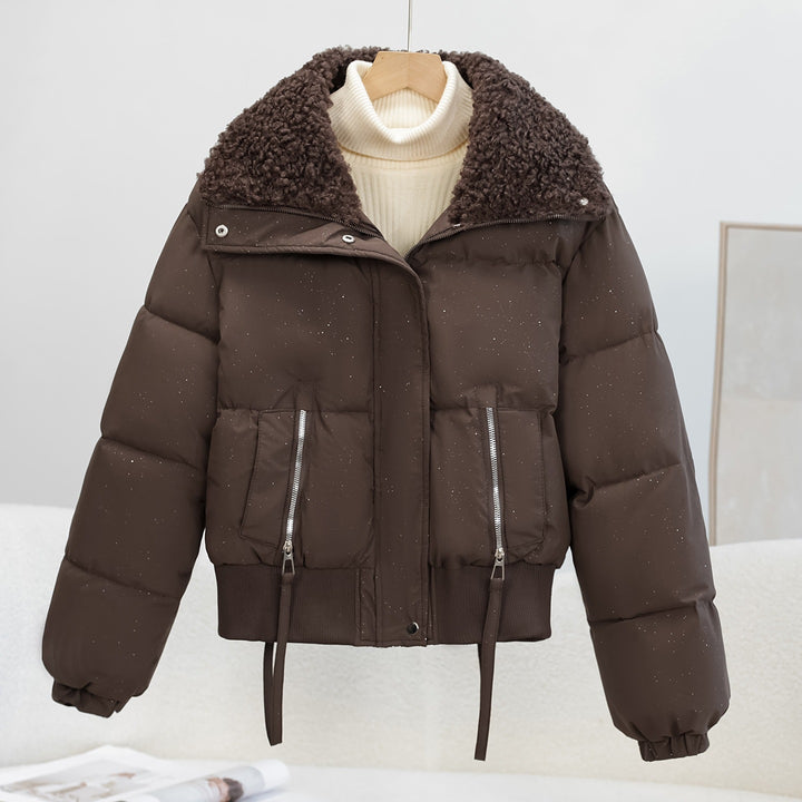 Women's cropped puffer jacket with teddy collar, zip pockets and ribbed cuffs Mune Fashion