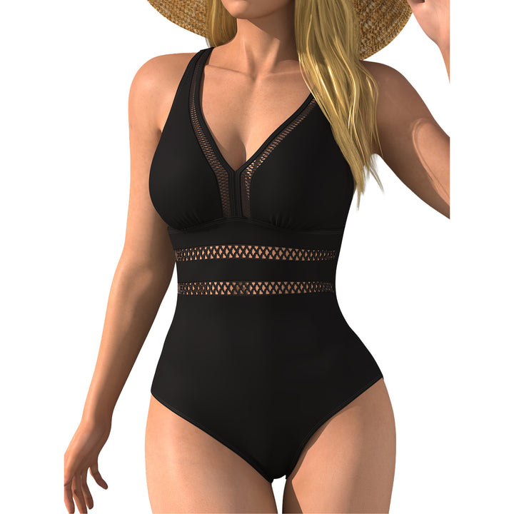 Women's one-piece swimsuit with sophisticated mesh design and deep V-neck Mune Fashion