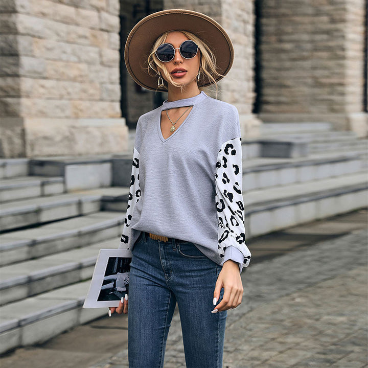 Women Casual Sweater with Leopard Sleeves Mune Fashion