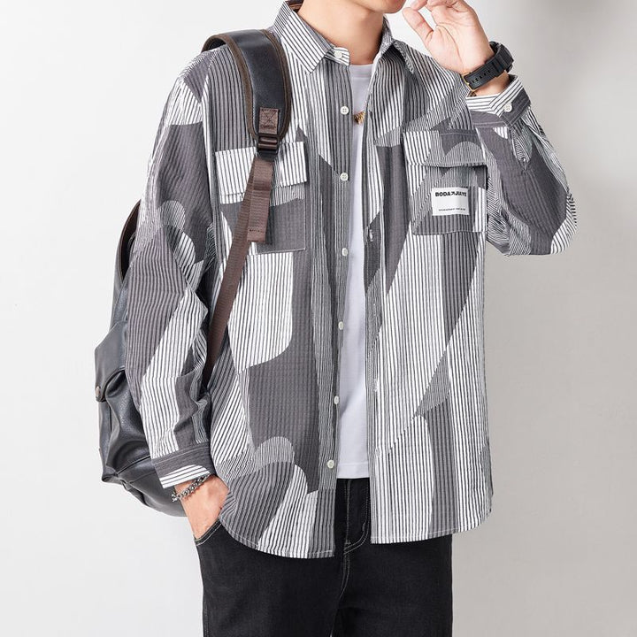 Men's Loose Shirt Jacket in Graphic Pinstripe Mix with Patch Chest Pockets Mune Fashion