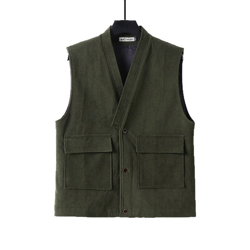 Men's cord waistcoat with V-neck, appliquéd flap pockets, and satin lining Mune Fashion