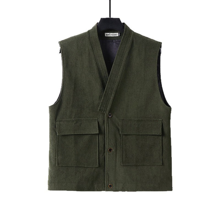 Men's cord waistcoat with V-neck, appliquéd flap pockets, and satin lining Mune Fashion