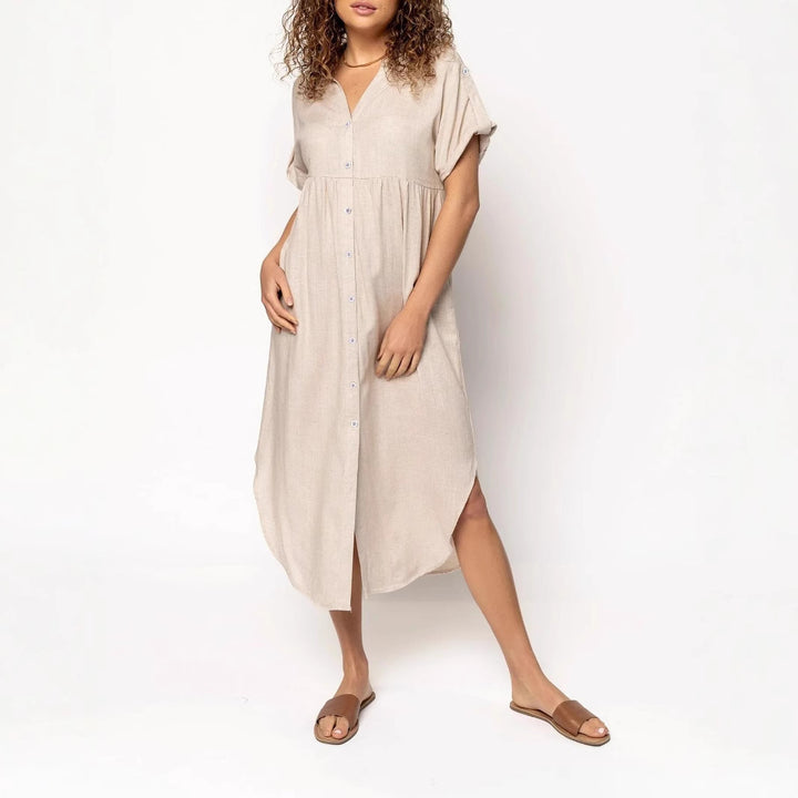 Ladies mid dress with button placket, V-neck and casual babydoll fit Mune Fashion