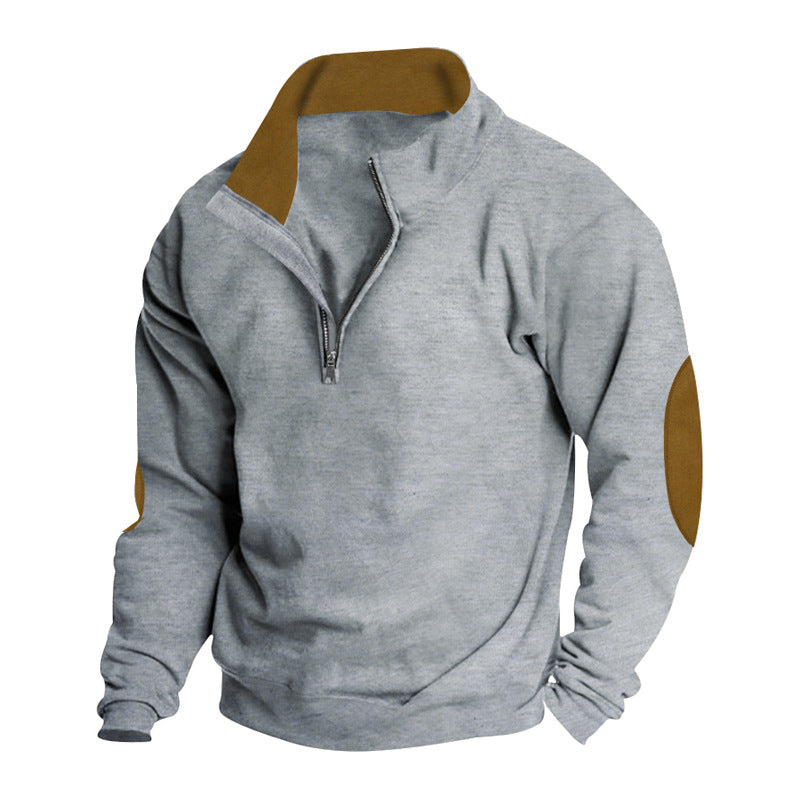 Men's casual cardigan with short front zipper, soft inner lining, and suede sleeve trim Mune Fashion