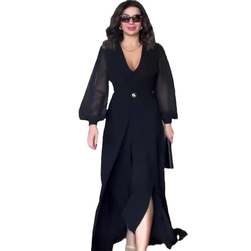 Ladies elegant wrap maxi dress with tailored draping, transparent balloon sleeves and decorative button Mune Fashion