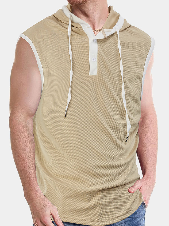 Men's sleeveless hoodie polo shirt with mesh structure and Henley button placket Mune Fashion
