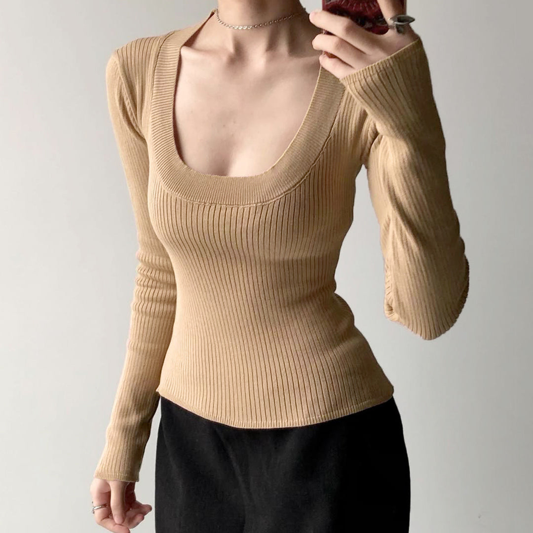 Women Fitted Ribbed Long Sleeve Shirt with Deep U-Neck Mune Fashion