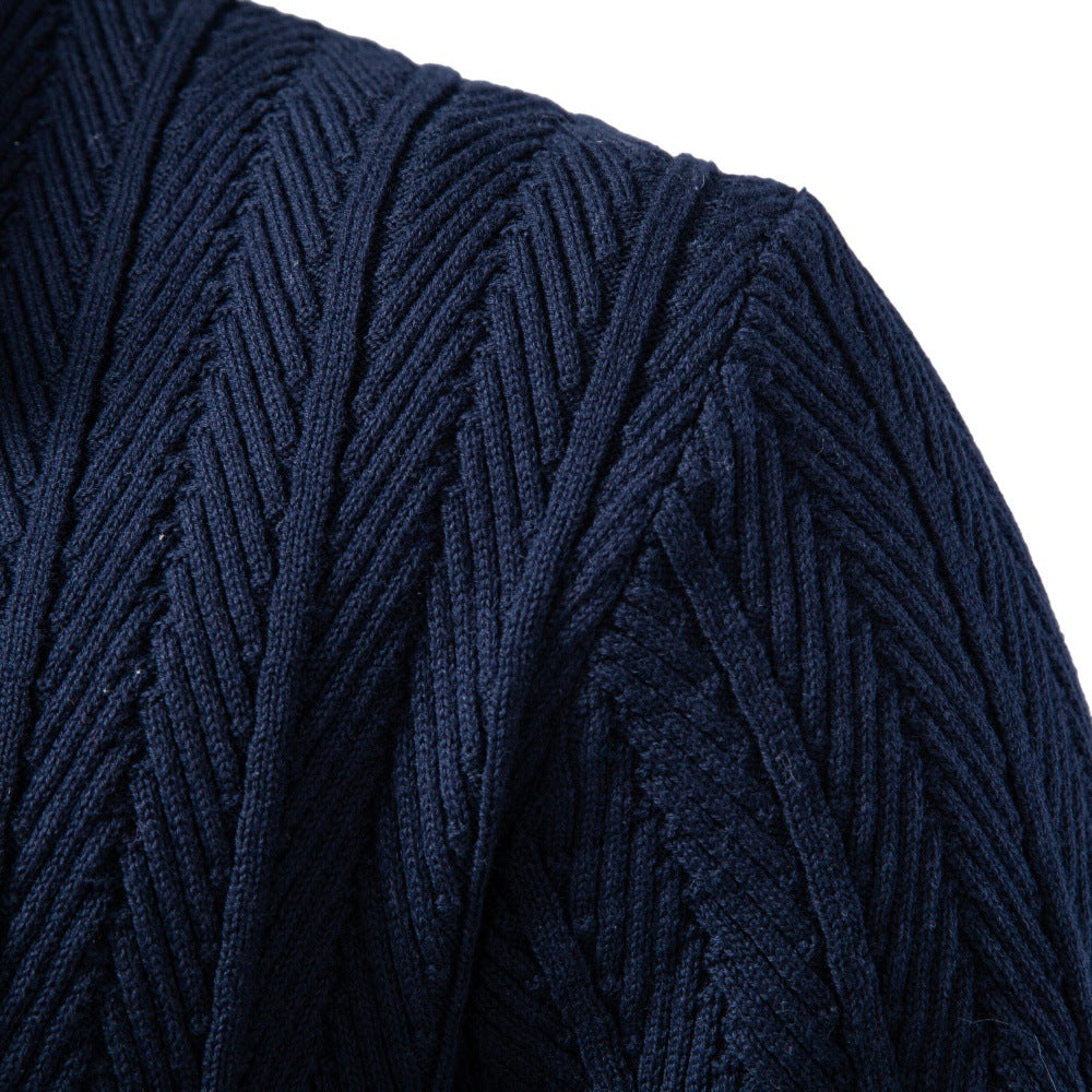 Men's Fine Knit Button Cardigan with Cable Pattern and Stand-Up Collar Mune Fashion