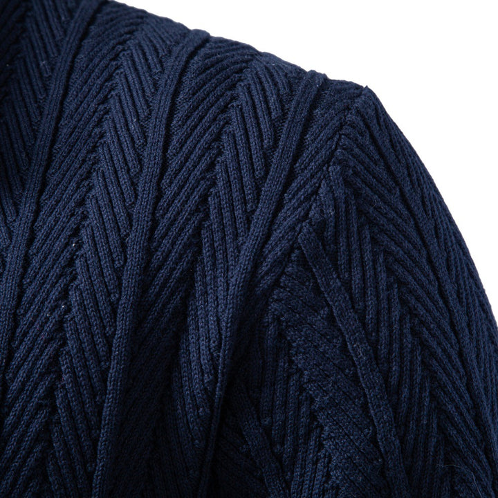 Men's Fine Knit Button Cardigan with Cable Pattern and Stand-Up Collar Mune Fashion