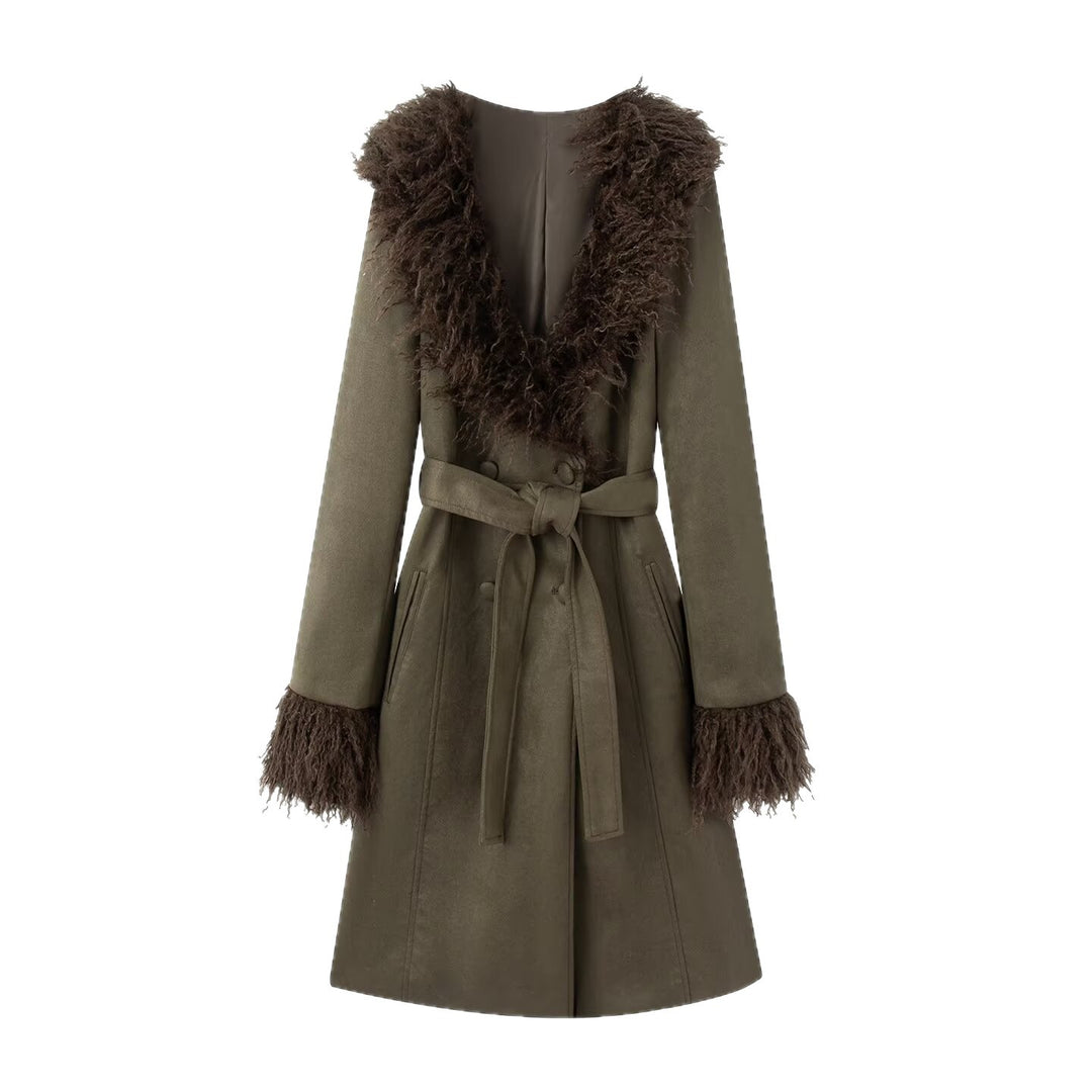 Women Long Coat in Lambskin Look with Tied Belt and Fur Collar Mune Fashion