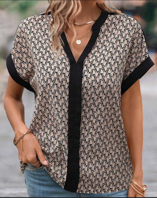 Ladies' light casual blouse in crepe look with V-neck and contrast piping Mune Fashion
