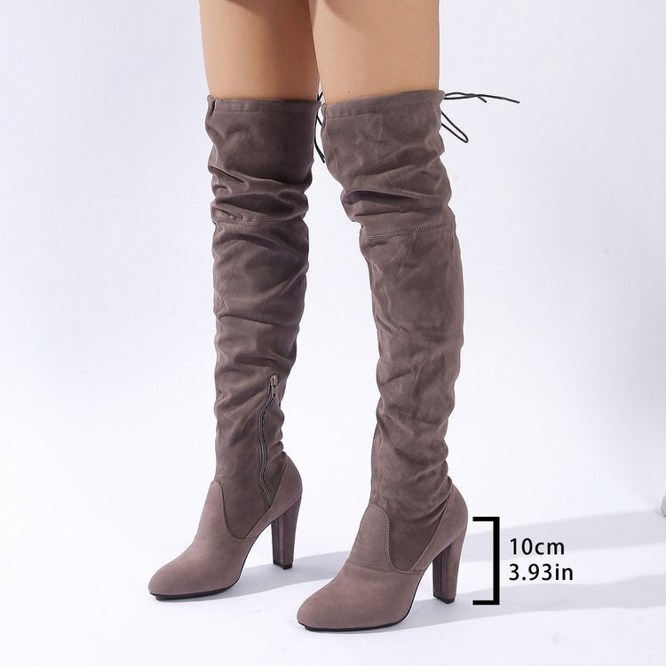 Damen Overknee-Stiefel aus Veloursleder mit hohem Blockabsatz und seitlichem Reißverschluss Mune Fashion