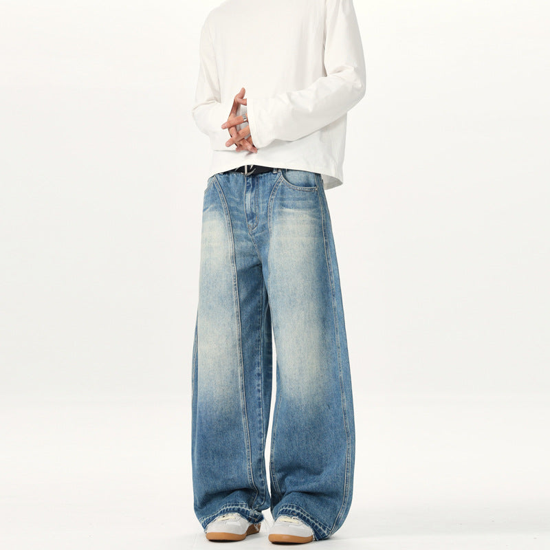 Men's Extra Wide Vintage Denim Jeans with Palazzo Cut and Vertical Seam Design Mune Fashion