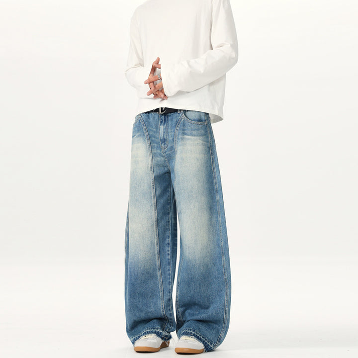 Men's Extra Wide Vintage Denim Jeans with Palazzo Cut and Vertical Seam Design Mune Fashion