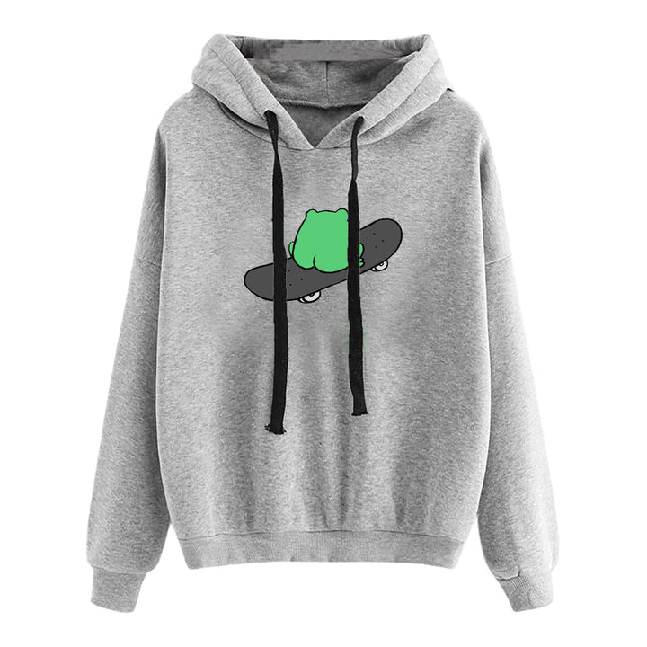 Women’s short-cut cropped hoodie with cute frog illustration and adjustable hood Mune Fashion