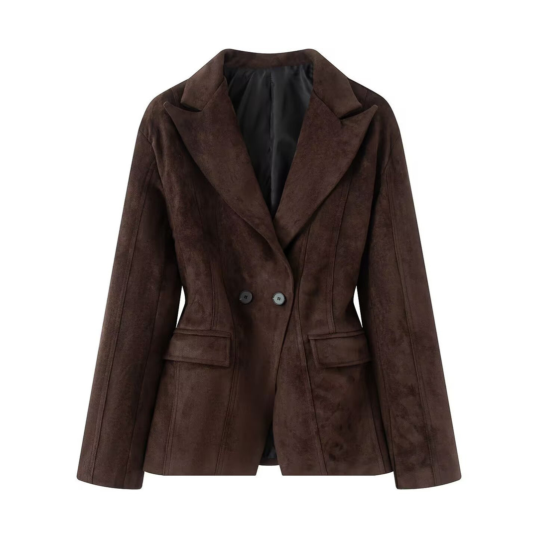 Women Tailored Blazer in Velvet Look with Double Button Closure and Wiener Seams Mune Fashion