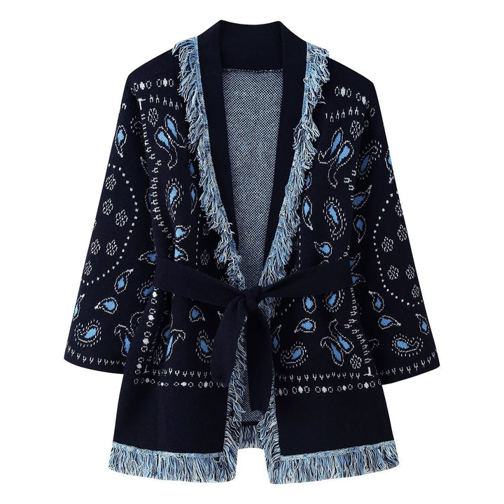 Women's Fringe Cardigan with Paisley Jacquard, Waist Belt and Open Kimono Silhouette Mune Fashion