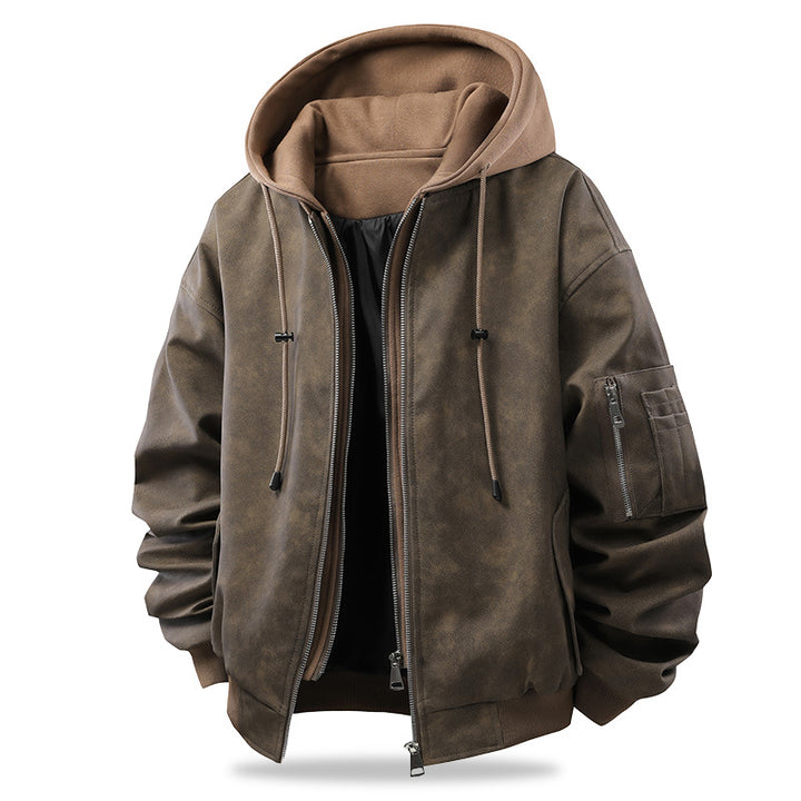 Men's Oversized Faux Leather Bomber Jacket with Hood, Arm Pocket and Zipper Mune Fashion