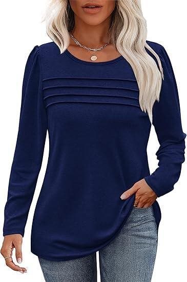 Women Fine Long Sleeve Shirt with Round Neck, Decorative Darts and Slightly Fitted A-Line Mune Fashion