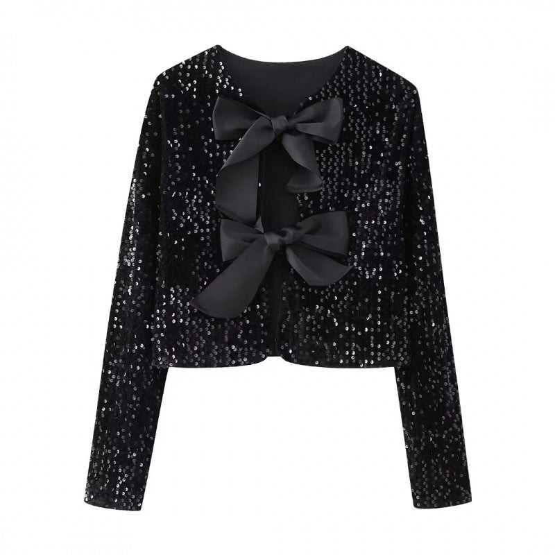 Women Sequin Bolero Jacket with Decorative Satin Bows Mune Fashion