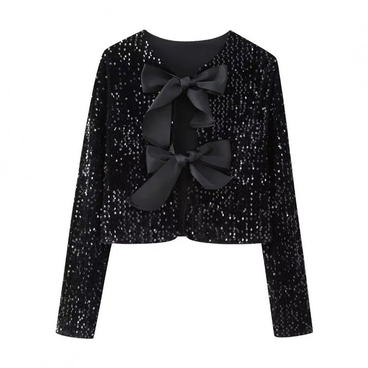 Women Sequin Bolero Jacket with Decorative Satin Bows Mune Fashion