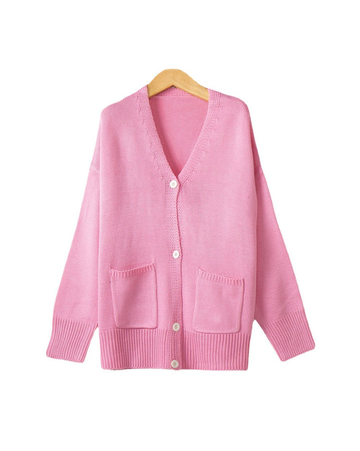 Women Fine Oversize Knit Cardigan with V-Neck, Button Placket and Patch Pockets Mune Fashion