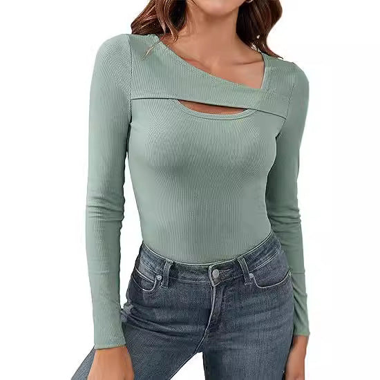 Women's Ribbed Long Sleeve Shirt with Asymmetrical Off-Shoulder Neckline and Chest Cut-Out Mune Fashion