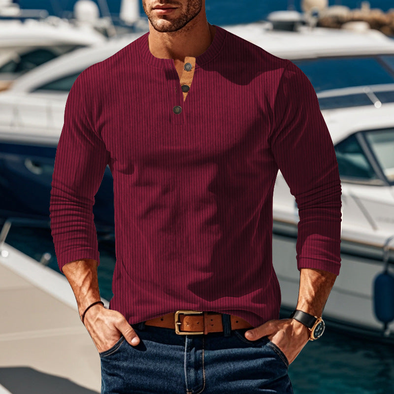 Men's ribbed long-sleeve Henley shirt with stand-up collar and concealed placket made of breathable jersey Mune Fashion