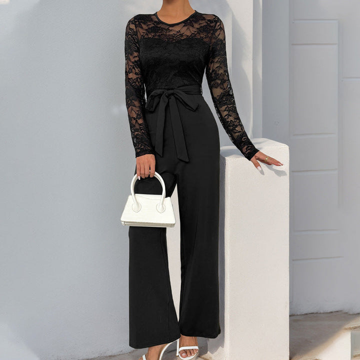 Ladies Elegant Jumpsuit with Lace Top and Fitted Waist Mune Fashion