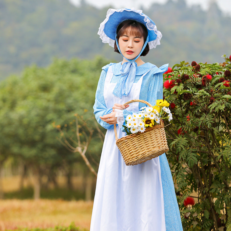 Women's Vintage Farmer Dress with Romantic Ruffles and Matching Hat Mune Fashion
