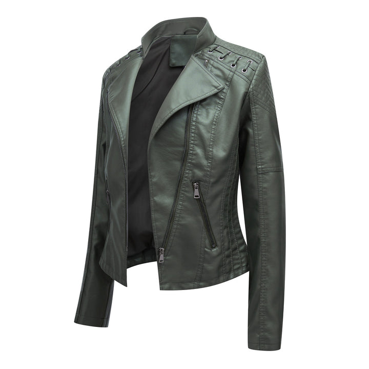 Ladies tailored faux leather biker jacket with quilted shoulder section, asymmetrical zipper and decorative eyelets Mune Fashion