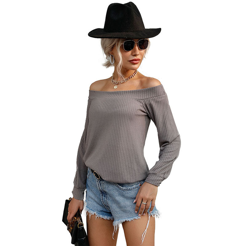 Women's Off-Shoulder Waffle Knit Top with Wide Bardot Neckline and Loose Fit Mune Fashion