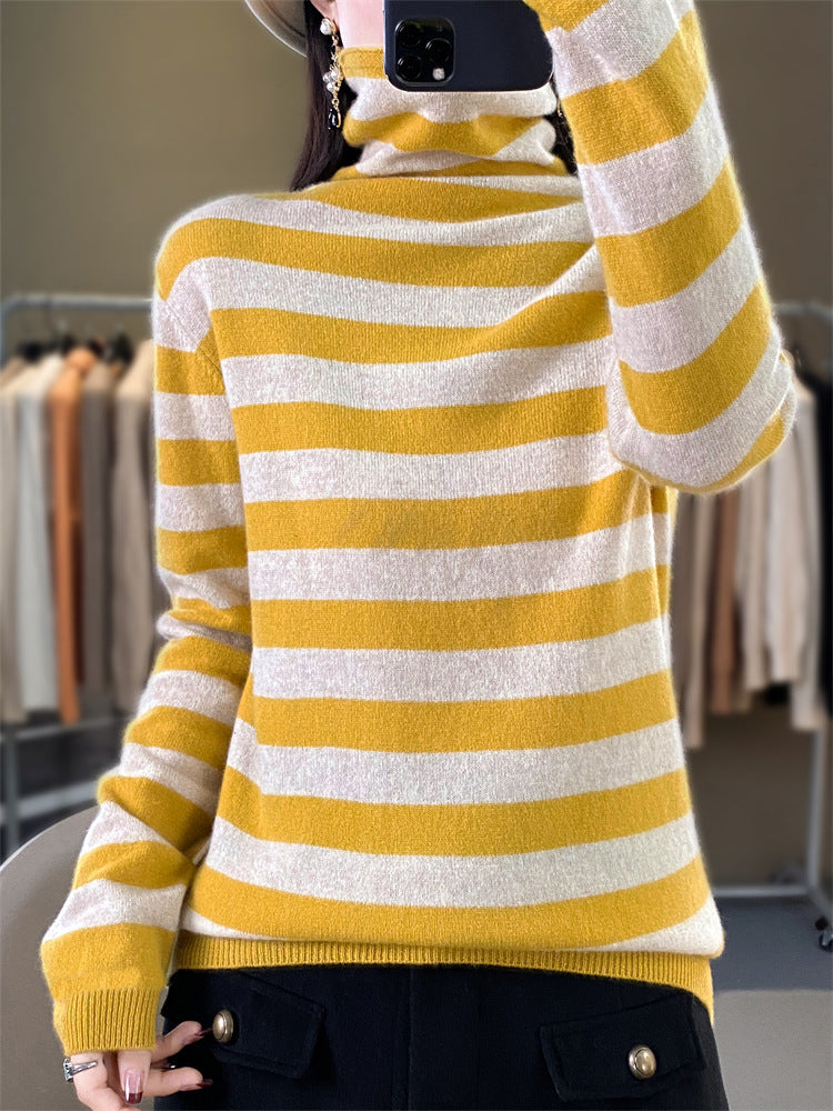 Women's Casual Striped Turtleneck Sweater made of Wool Blend with Relaxed Fit Mune Fashion
