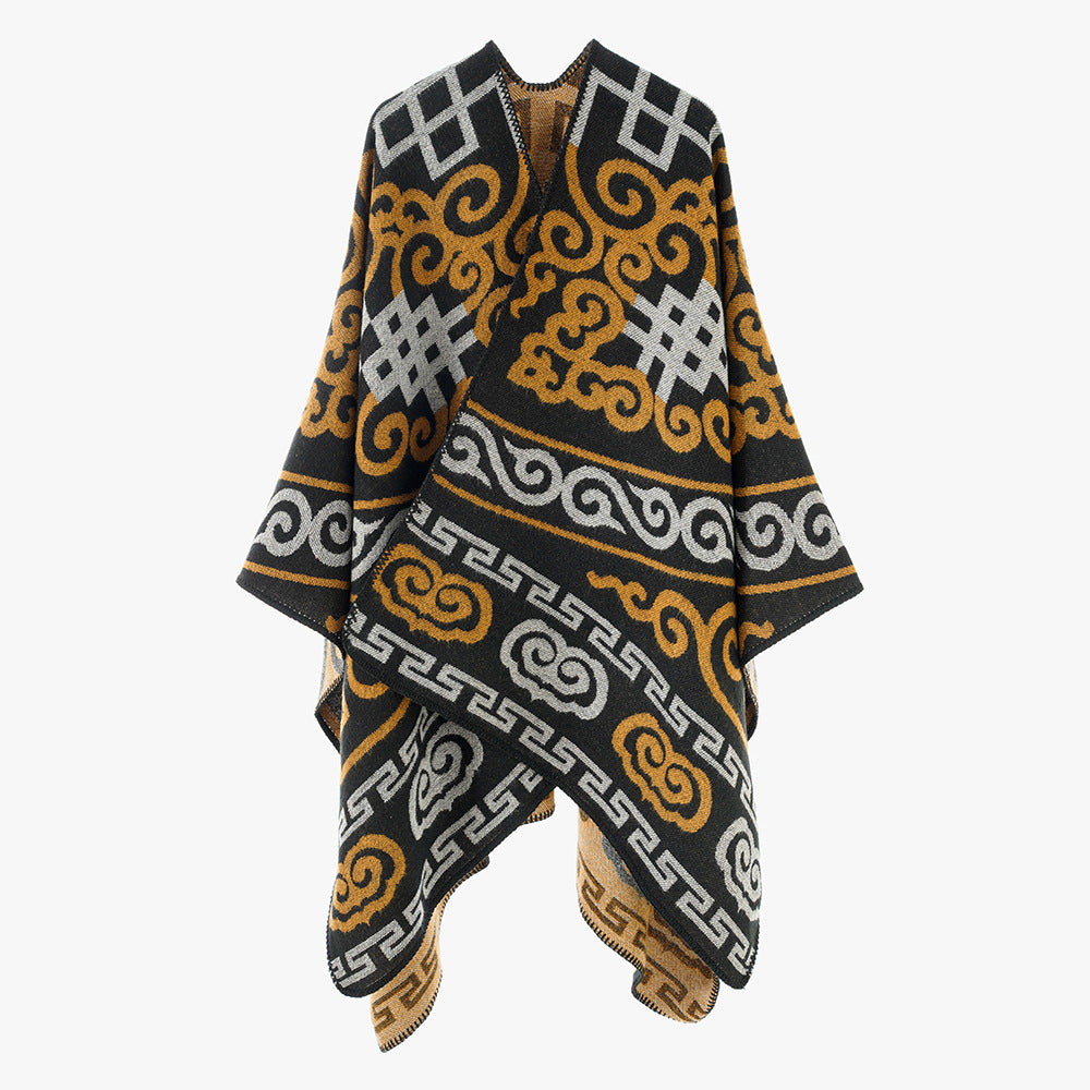 Women's jacquard wrap in ruana style with ornamental weaving structure Mune Fashion
