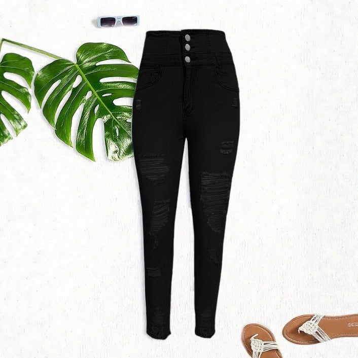 Women's High-Waisted Sculpting Skinny Jeans with Rips and Triple Button Mune Fashion