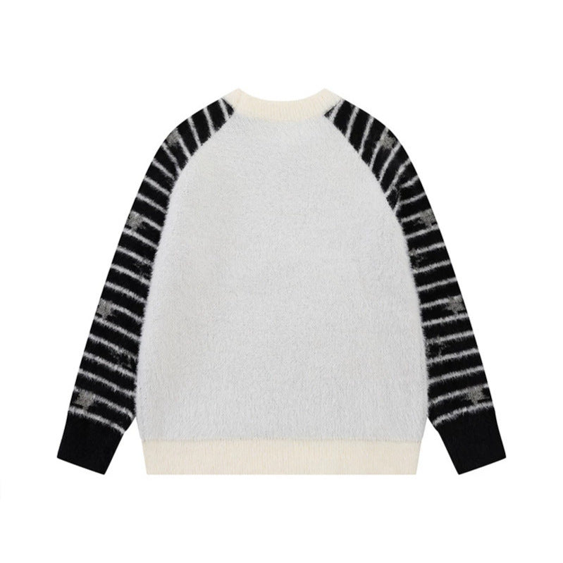 Women Soft Fluffy Knit Sweater with Integrated Tube Scarf and Manga Illustration Mune Fashion
