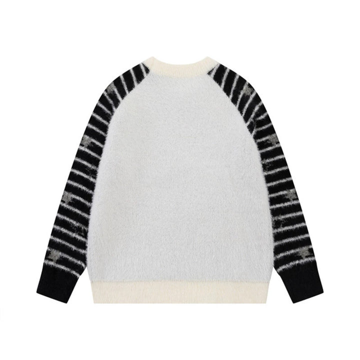 Women Soft Fluffy Knit Sweater with Integrated Tube Scarf and Manga Illustration Mune Fashion
