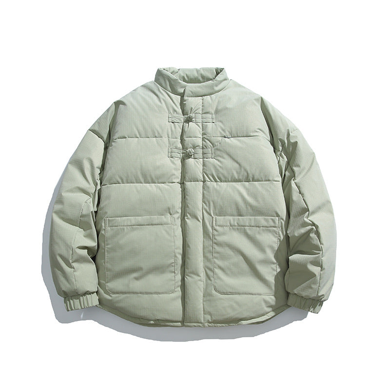 Unisex Boxy padded stand-up collar jacket with Chinese toggle closures and large front pockets Mune Fashion