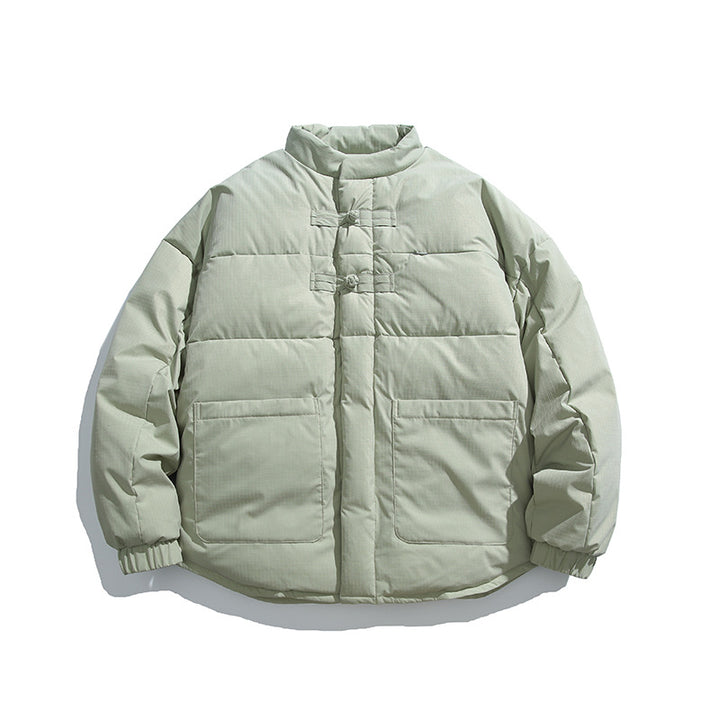 Unisex Boxy padded stand-up collar jacket with Chinese toggle closures and large front pockets Mune Fashion