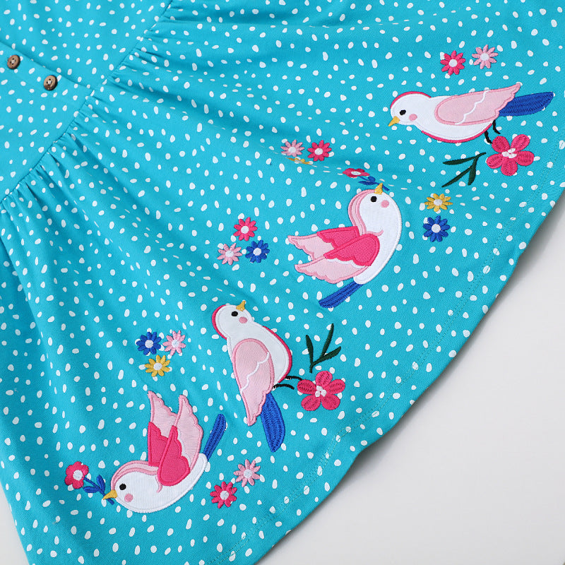 Girl Long Sleeve Dress with Playful Bird Design Mune Fashion