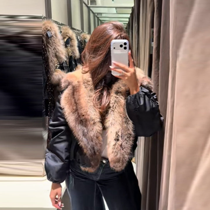 Women's Oversize Bomber Jacket with Voluminous Fur Collar and Satin Sleeves Mune Fashion