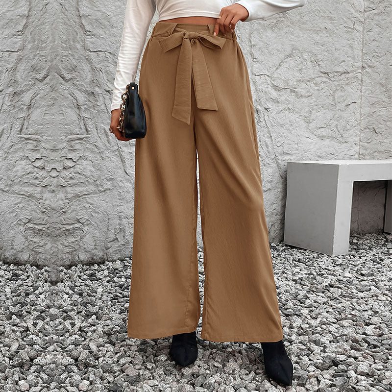Women Wide High-Waist Pants with Paperbag Waist and Tie Belt Mune Fashion