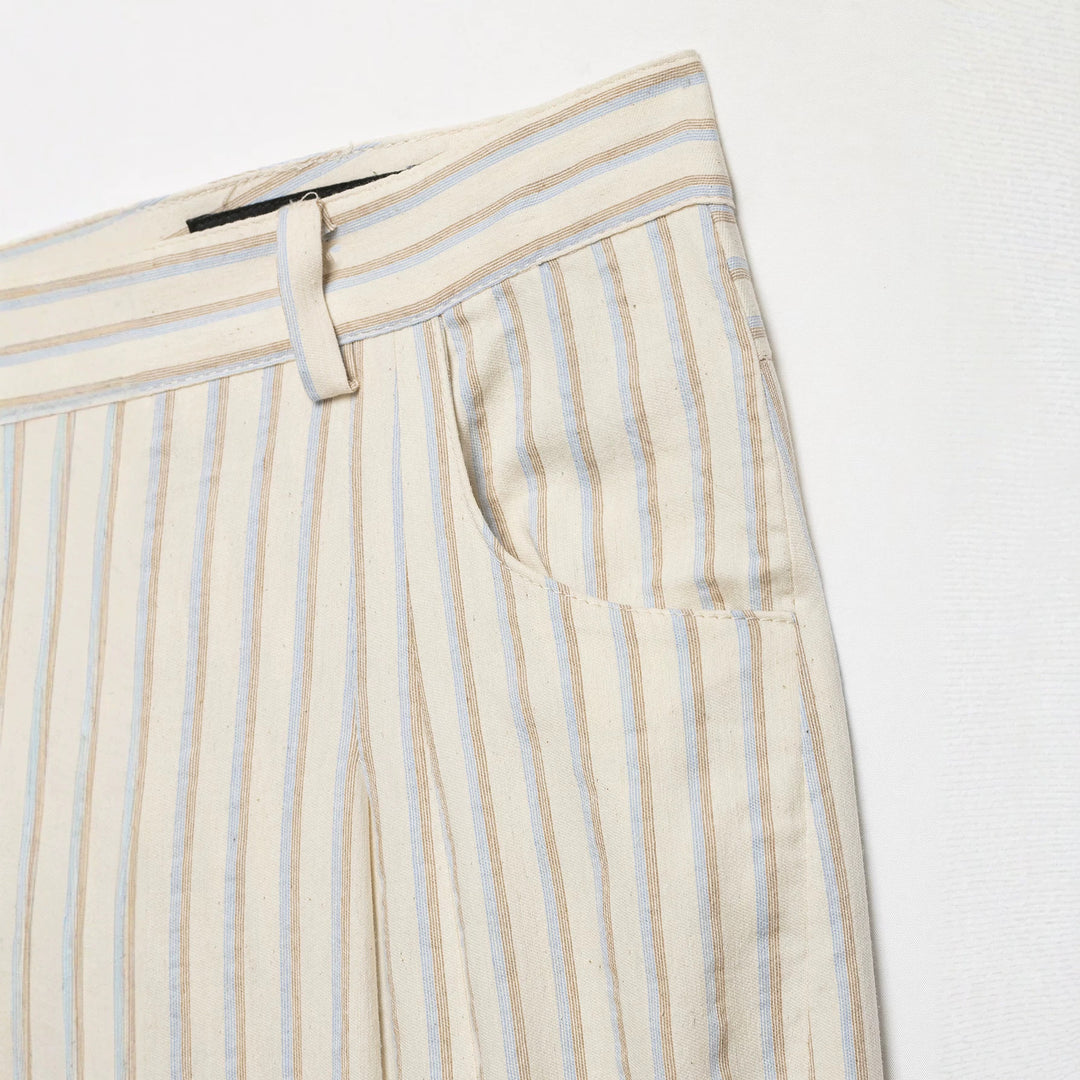 Ladies Wide Linen Trousers with High Waist, Striped Pattern and Patch Pockets Mune Fashion
